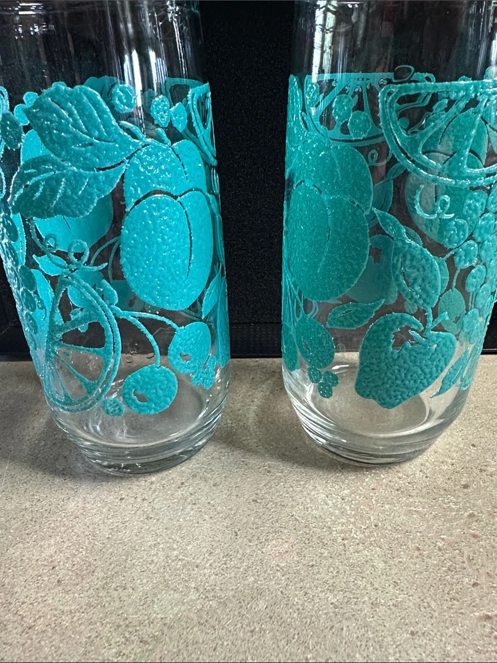 Vintage Libbey Teal Turquoise Fruit Textured Non Slip Glasses Set of 4 16oz